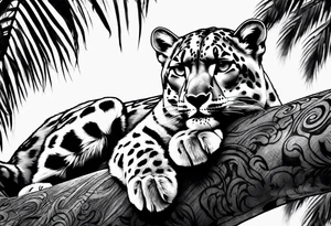 snow leopard laying on palm tree tattoo idea