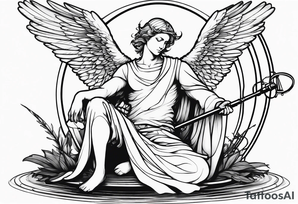 male angel with wings and a halo sitting peacefully with fishing rod tattoo idea