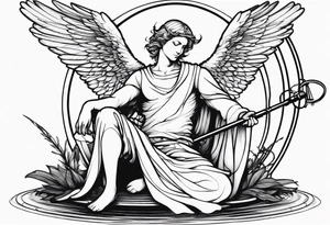 male angel with wings and a halo sitting peacefully with fishing rod tattoo idea