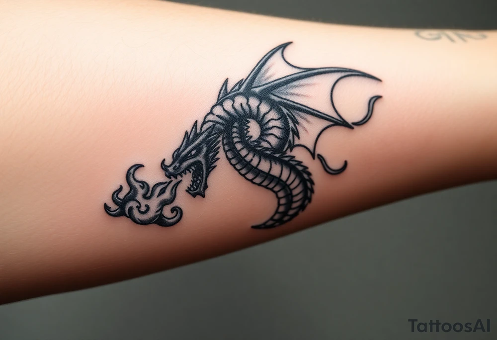 fierce dragon breathing iridescent fire against stormy skies tattoo idea