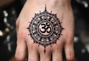 wheel of Dharmachakra with an ohm symbol in the middle tattoo idea