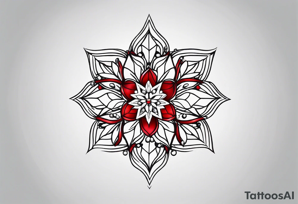 Small tattoo of a forget me knot flower linework star thats outline is red and a snowflake all separate very very small tattoo idea