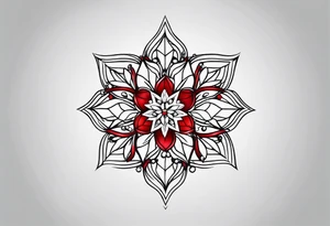 Small tattoo of a forget me knot flower linework star thats outline is red and a snowflake all separate very very small tattoo idea