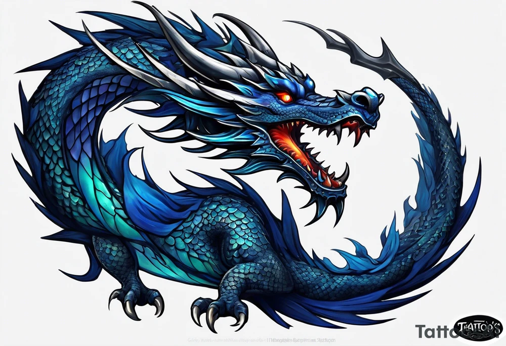 An epic floating dragon. Its long body coiling dynamically, with scales and horns detailed to create a sense of movement and strength. The dragon's main color is midnight blue, giving a vibrant depth and a mystical aura. This tattoo highlights the dragon’s fierce expression and sharp claws. tattoo idea
