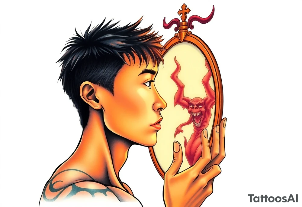 Handsome Asian young guy is looking in cursed mirror and see devil tattoo idea