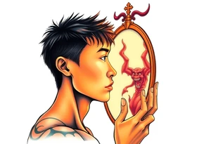 Handsome Asian young guy is looking in cursed mirror and see devil tattoo idea