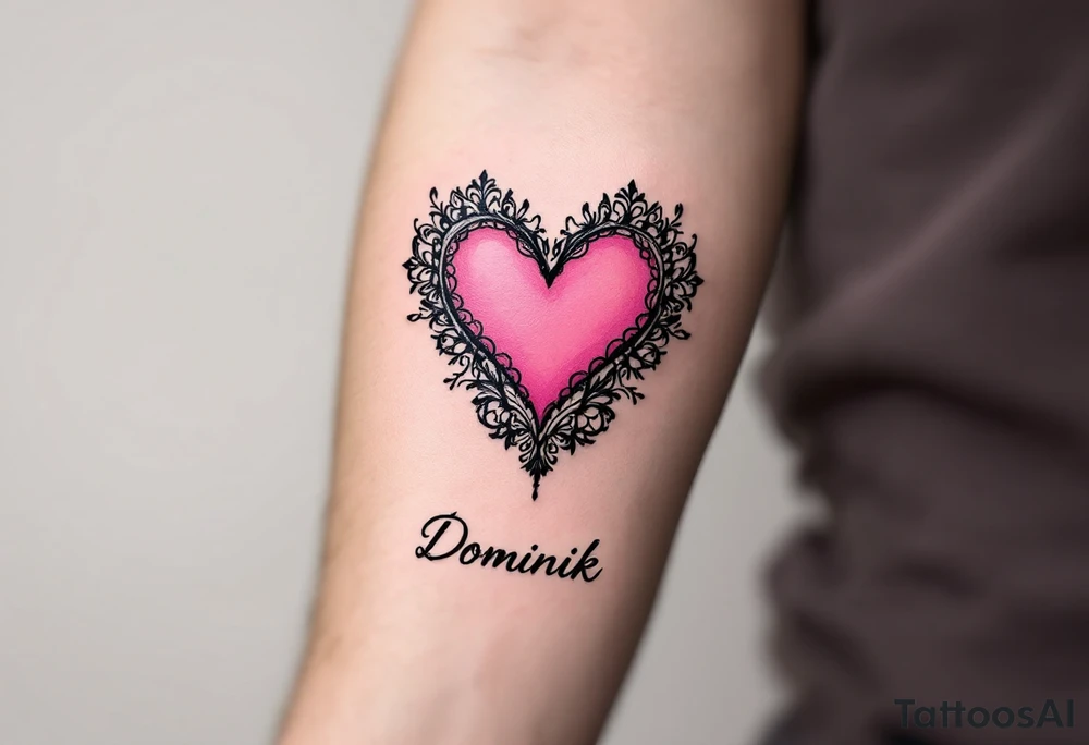 A solid pink heart with lace-like details and the name Dominik in script. tattoo idea