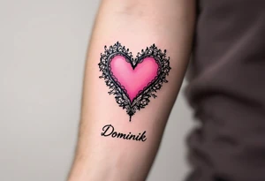 A solid pink heart with lace-like details and the name Dominik in script. tattoo idea