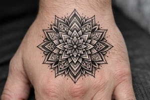 Geometric mandala extension — continuing an existing hand mandala outward with linework petals, sacred-geometry fillers and dotwork shading into the empty skin., Blackwork / geometric dotwork, fine linework, symmetrical mandala style tattoo idea