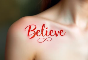 The word "Believe" in bold, fiery red, complemented by a silhouette of a phoenix rising in orange, symbolizing rebirth and transformation. tattoo idea