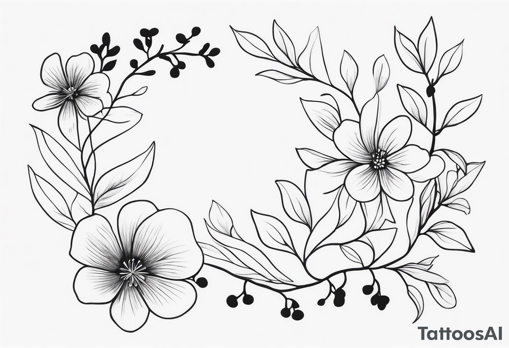 “Generate a subtle botanical tattoo with soft, flowing lines, showcasing tiny flowers and leaves arranged in a delicate pattern tattoo idea