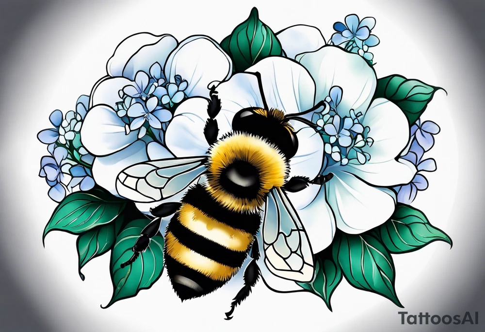 Small tattoo. There’s a hydrangea and a bee but they are not touching. Make the bee smaller than the hydrangea and have the bee off to the side. Bee is smaller than the hydrangea tattoo idea