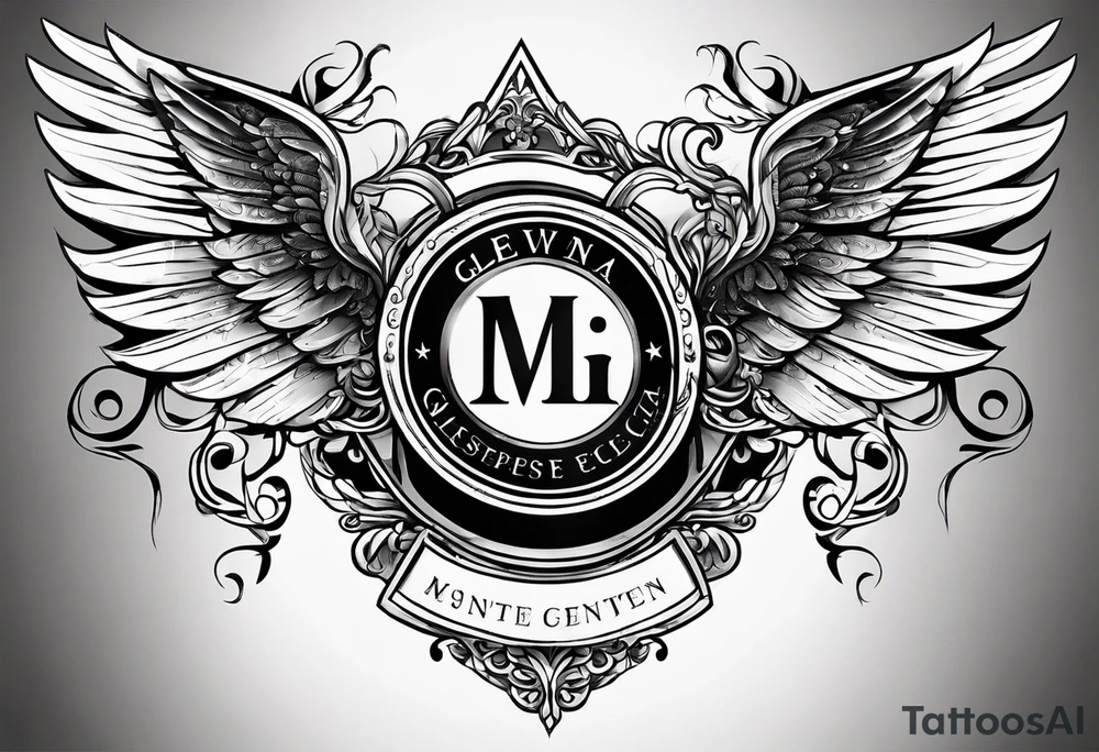 Simple tattoo with the word Glenn on a banner and angel wings tattoo idea
