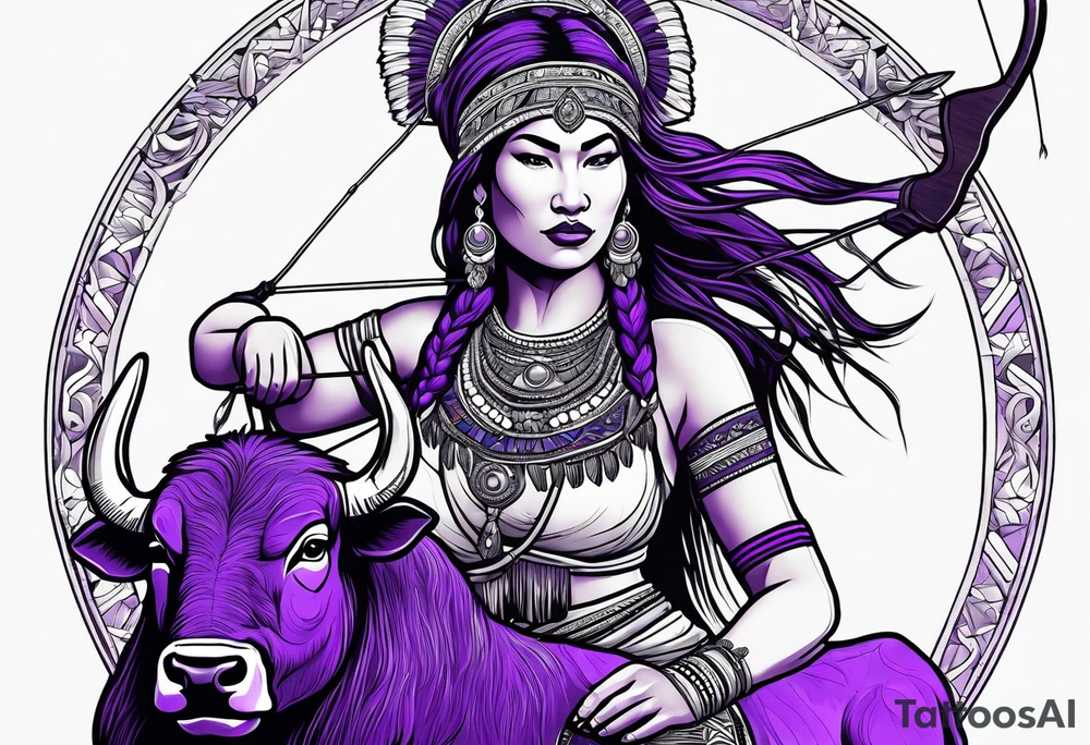 native woman female archer with bead headband sitting on a purple buffalo, show the buffalo standing still tattoo idea