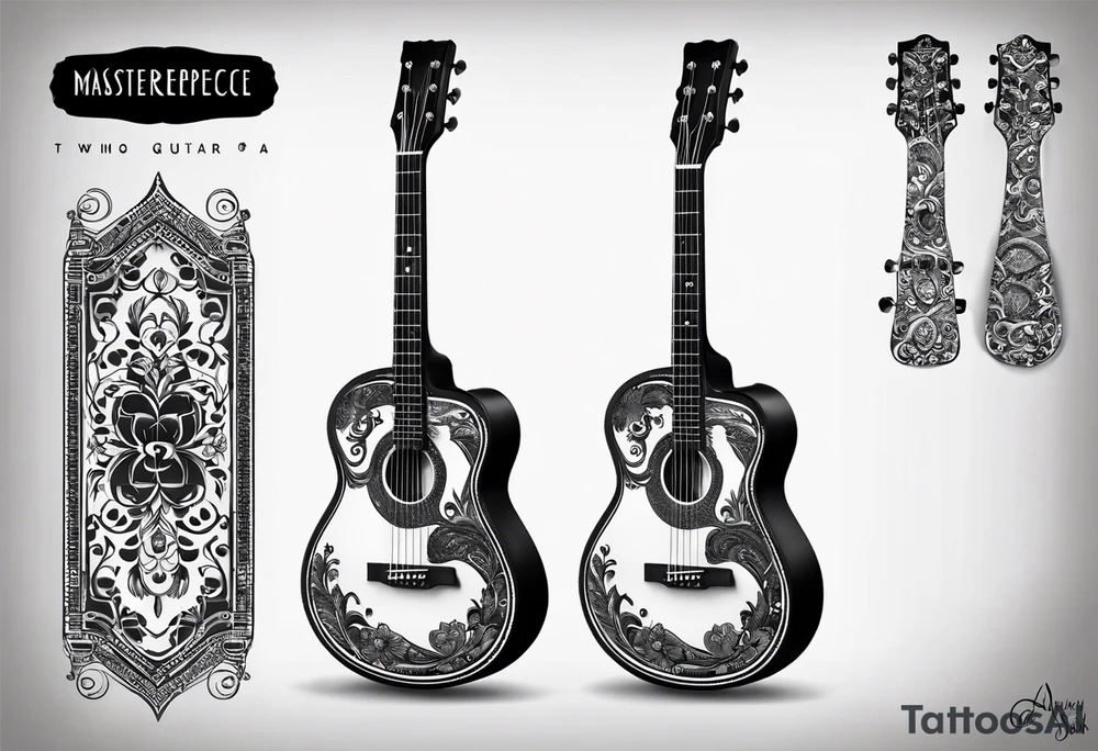 A minimalist guitar design, small in size, with clean lines and vintage detailing. The guitar represents a deep connection to music, with a classic, understated design that captures its essence without embellishments. tattoo idea
