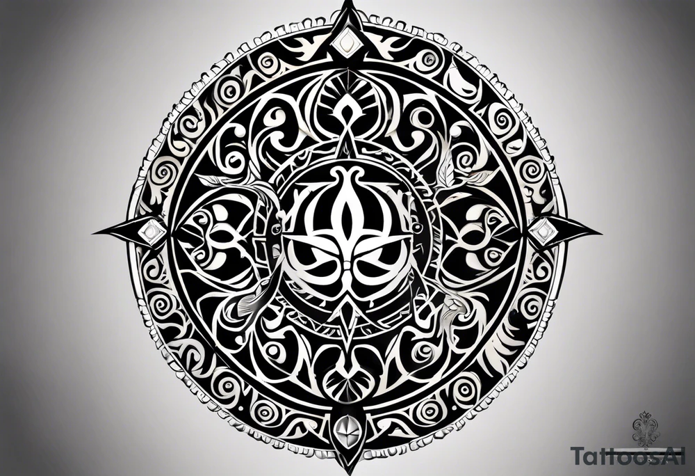 Craft a tribal Maori tattoo design seamlessly integrating the tree of life, a doctor bird, lignum vitae flowers, a nautical compass, and an old-school pocket watch. The design should flow from the arm to the chest, emphasizing equal importance for each element. Utilize traditional Maori patterns and symbolism to convey meaningful representation of these elements within the design, executed in a black and grey color scheme tattoo idea