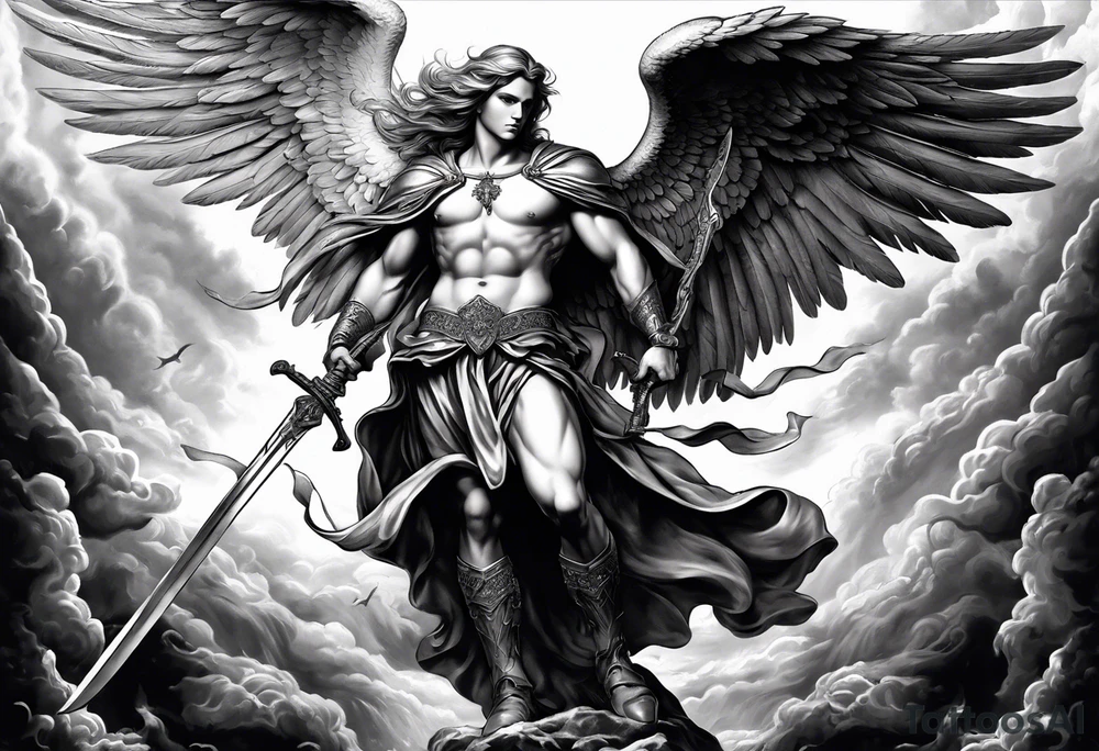 Male American guardian angel with a sword and angel from hell combined together tattoo idea