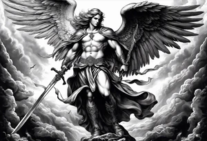 Male American guardian angel with a sword and angel from hell combined together tattoo idea
