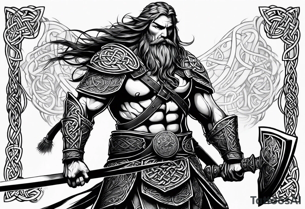 Side full body shot of Celtic warrior with sword and axe. tattoo idea