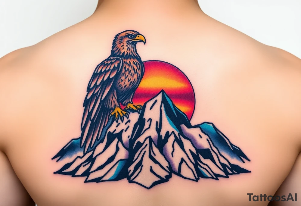 A proud eagle perched on a rugged mountain peak, with a breathtaking sunset behind it, blending fiery oranges, purples, and blues tattoo idea