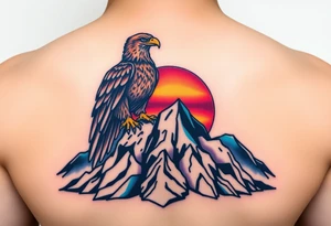 A proud eagle perched on a rugged mountain peak, with a breathtaking sunset behind it, blending fiery oranges, purples, and blues tattoo idea