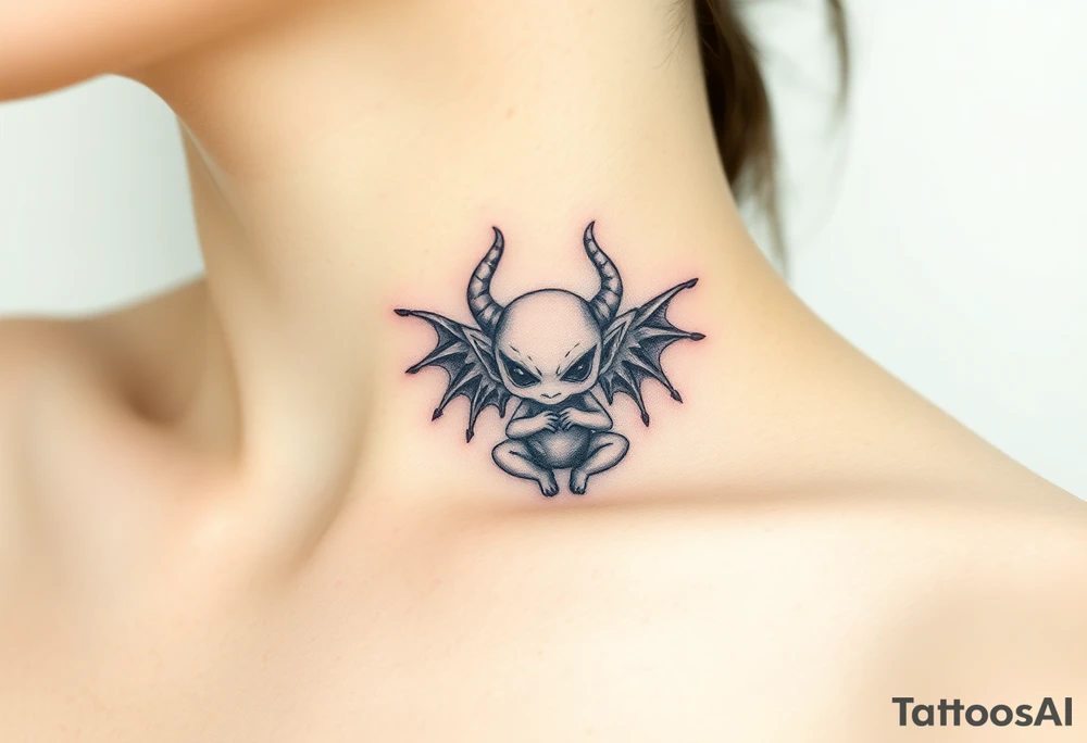 Misfit tiny goblin with wings and twisted horns tattoo idea
