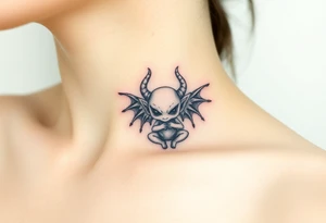 Misfit tiny goblin with wings and twisted horns tattoo idea