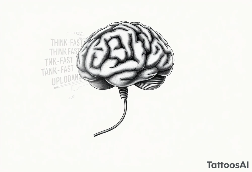A Floating Brain with a USB Plug
A realistic human brain floating in the air, connected to a thick USB cable instead of a spine.
Holographic data streams running from it, displaying error codes or stock market numbers.
Could have a phrase like “THINK FAST” or “UPLOADING…”. tattoo idea