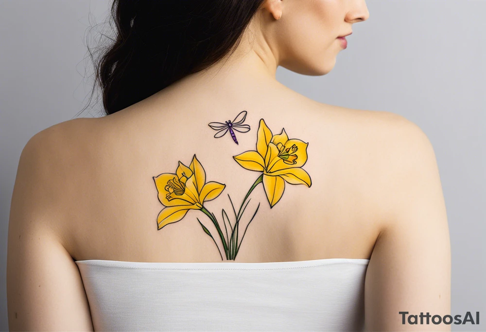 “A minimalist tattoo design: Two daffodil flowers drawn with yellow lines. On top of the flowers, there is a minimalist dragonfly, smaller in size than the flowers, drawn with purple lines. The stems of the daffodils extend downward and are designed to form the word ‘muadil’ in cursive handwriting, so that the stems and the writing appear as a unified whole.” tattoo idea