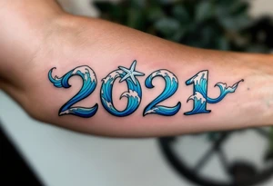 Roman's Birthdate (May 8, 2021) – Deep blue ocean waves wrapping around Roman's birthdate, with seafoam white accents and a starfish design near the numbers. tattoo idea