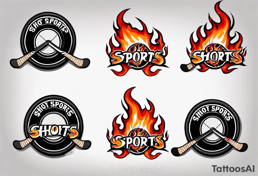 hockey puck with flames on it's side that says "SHOT SPORTS" tattoo idea