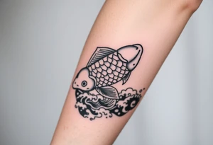 traditional koi fish swimming upstream through turbulent waves tattoo idea