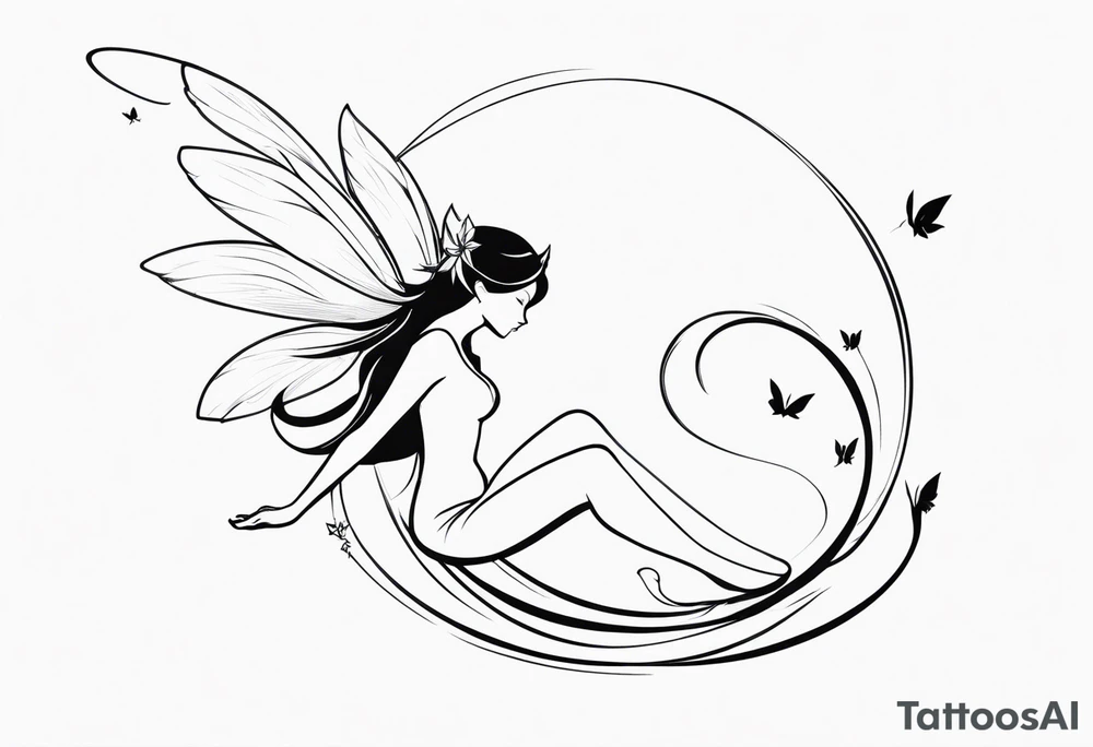 Minimalistic, monochromatic fairy with a tail flying to the left in a fetal position, leaning and looking in the same direction, with visible hands, embodying the 'Fairy Tail' logo aesthetic. tattoo idea