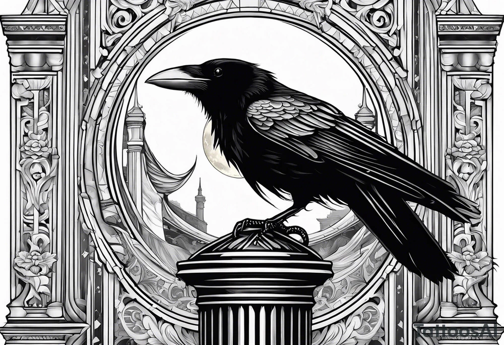 Gothic crow on a Corinthian capital with moon in the background tattoo idea