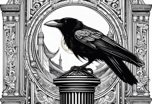 Gothic crow on a Corinthian capital with moon in the background tattoo idea