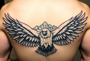 majestic eagle spreading wings against mountain peaks tattoo idea
