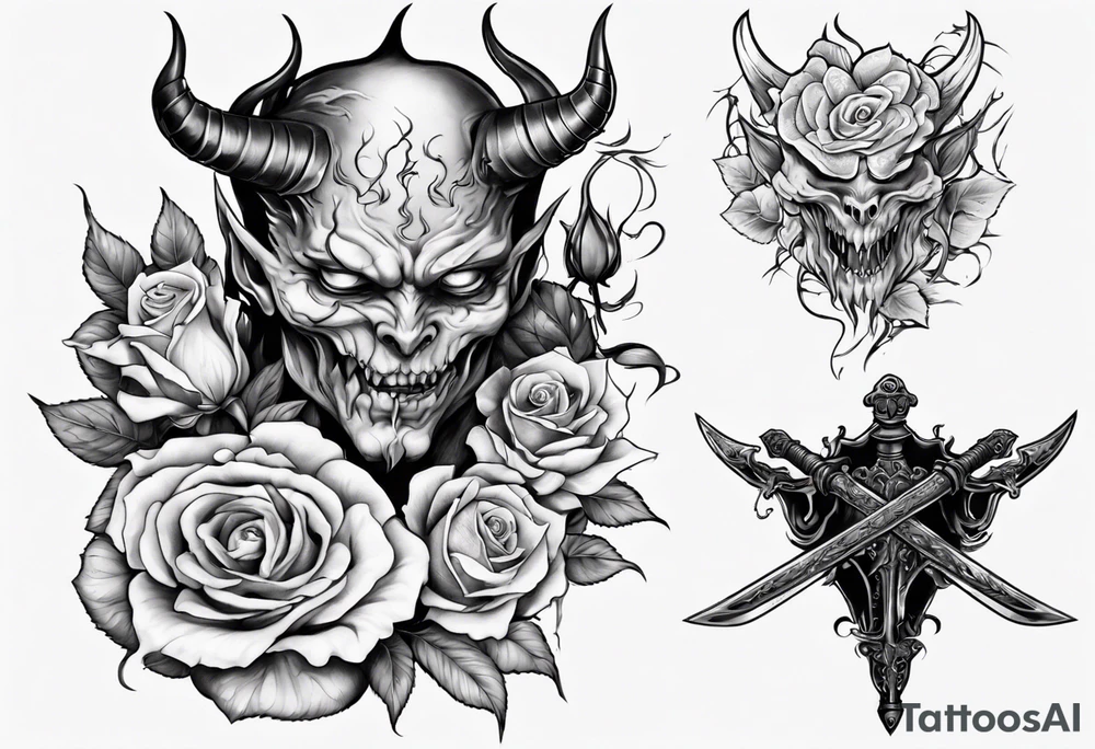 Demon with roses and sword tattoo idea
