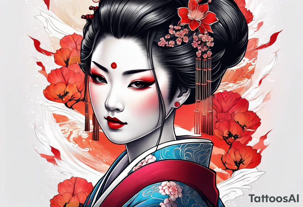 geisha girl that is also a Japanese waterfall tattoo idea