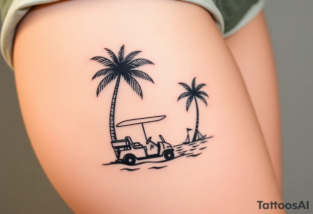 small, palm trees, beach vibe, golf cart, sun, water, boat, relaxing tattoo idea