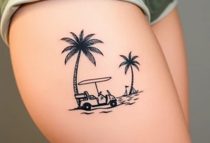small, palm trees, beach vibe, golf cart, sun, water, boat, relaxing tattoo idea
