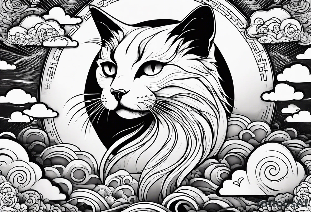 japanese clouds encirkling cat tattoo idea