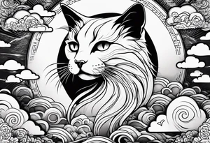 japanese clouds encirkling cat tattoo idea