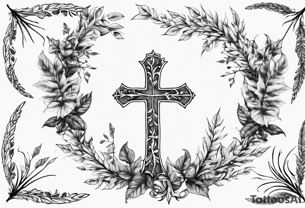 wreath leaves and the cross at the end of the leaves connecting tattoo idea