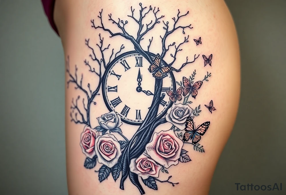 a big clock behind the big poisoned tree, big and small roses, big and small butterflies tattoo idea