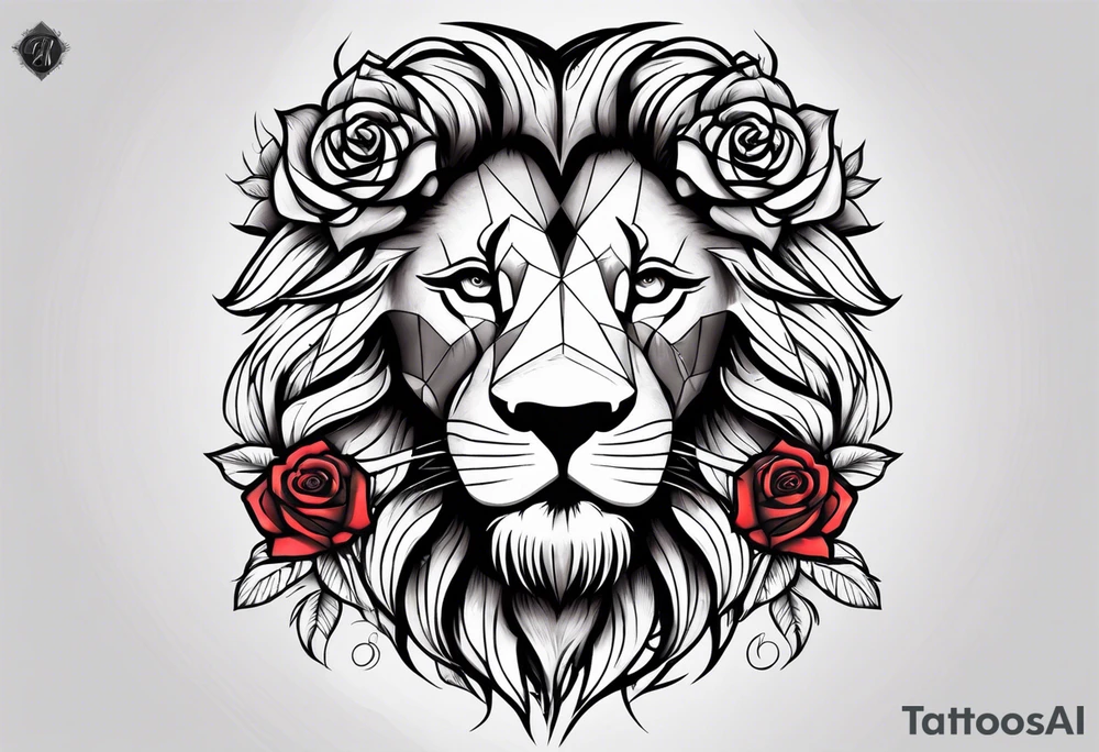 powerful lion with time clock and rose tattoo idea