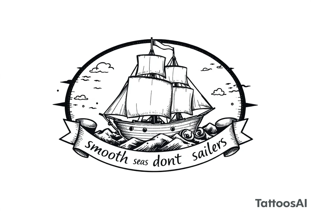 Can you please create an oval design of a ship in rough seas with the words “smooth seas don’t make good sailors” on the ribbon? tattoo idea