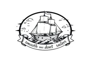 Can you please create an oval design of a ship in rough seas with the words “smooth seas don’t make good sailors” on the ribbon? tattoo idea