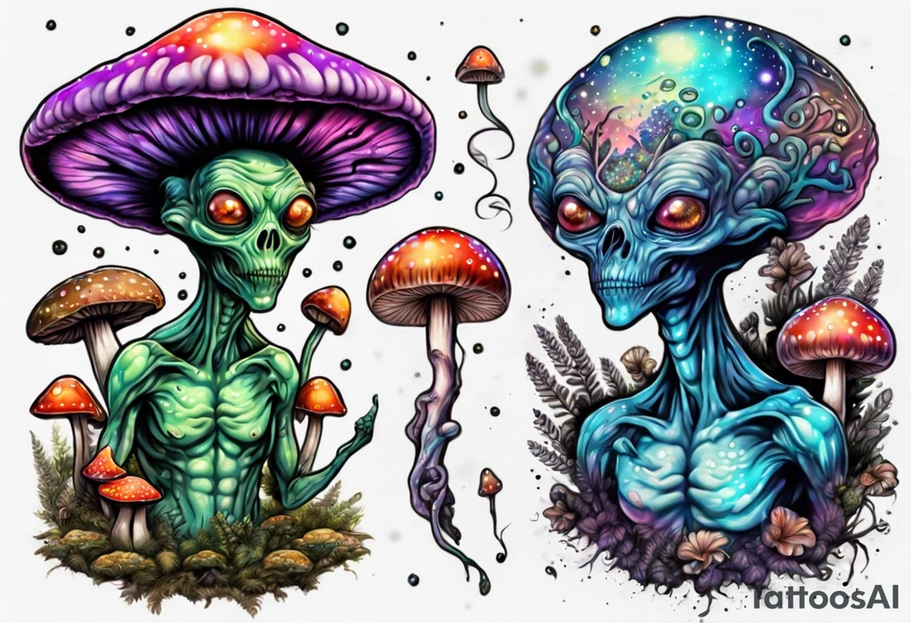 An alien having a psychedelic trip on mushrooms tattoo idea