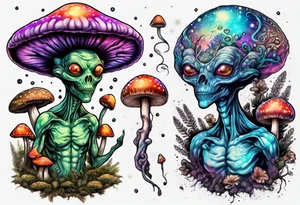 An alien having a psychedelic trip on mushrooms tattoo idea