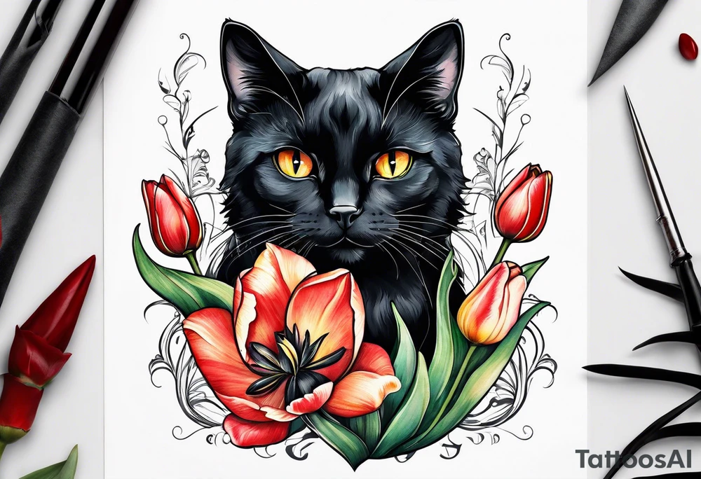 Tulips and black cat tattoo idea